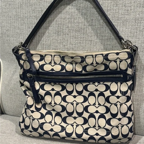 Coach Canvas Shoulder Bag in Navy and Beige - Picture 2 of 10